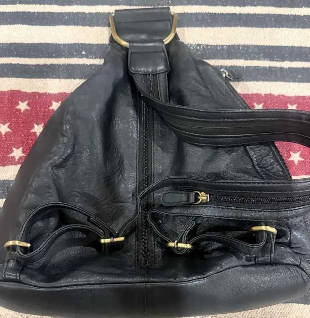 Great American Leather Works Black Leather Sling Backpack Embossed Floral Bag